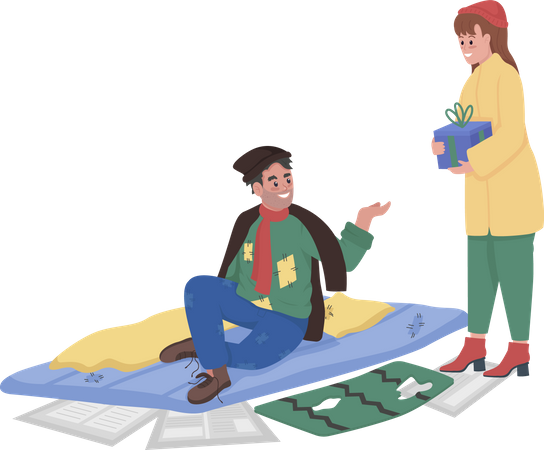 Fille donnant un cadeau à une personne sans abri  Illustration