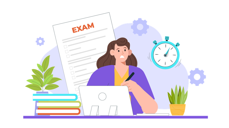 Fille donnant un examen en ligne  Illustration