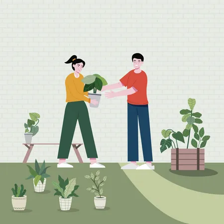 Fille donnant un pot de plante au garçon  Illustration