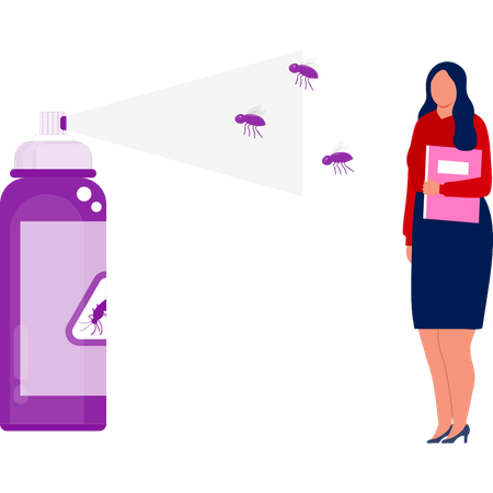 Fille donnant une démonstration en direct d'un spray anti-mouches  Illustration