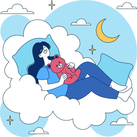 Fille dormant sur un nuage avec un ours en peluche la nuit  Illustration