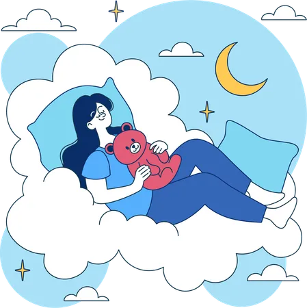 Fille dormant sur un nuage avec un ours en peluche la nuit  Illustration