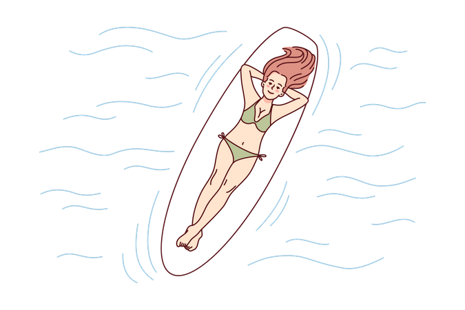 Fille dormant sur une planche de surf à la plage  Illustration
