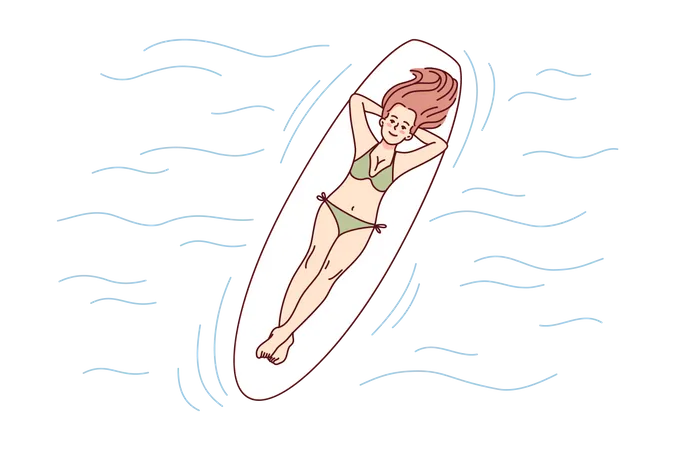 Fille dormant sur une planche de surf à la plage  Illustration