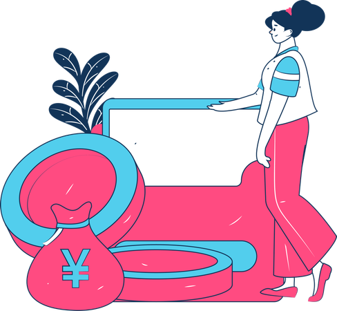 Fille économisant des yens dans un sac d'argent  Illustration