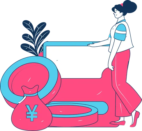 Fille économisant des yens dans un sac d'argent  Illustration