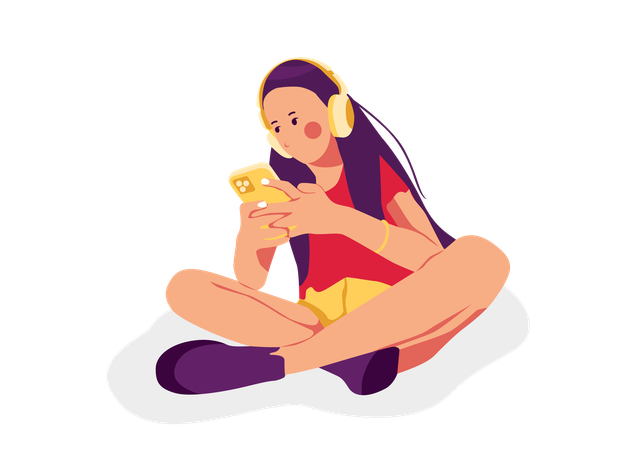 Fille écoutant de la musique et jouant au téléphone  Illustration