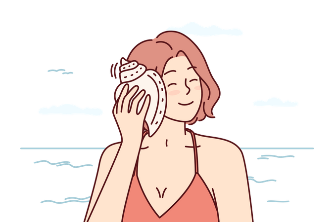 Fille écoutant du son de coquille  Illustration