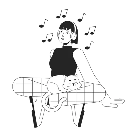 Fille écoutant de la musique avec un chat  Illustration