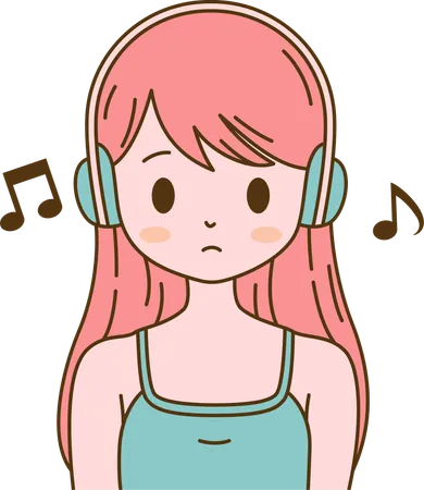 Fille écoutant de la musique avec un casque avec une expression triste  Illustration