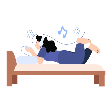 Fille écoutant de la musique en position couchée dans son lit  Illustration