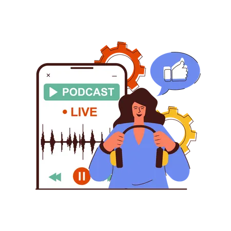 Fille écoutant un podcast en direct  Illustration