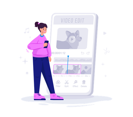 Fille éditant une vidéo dans une application mobile  Illustration