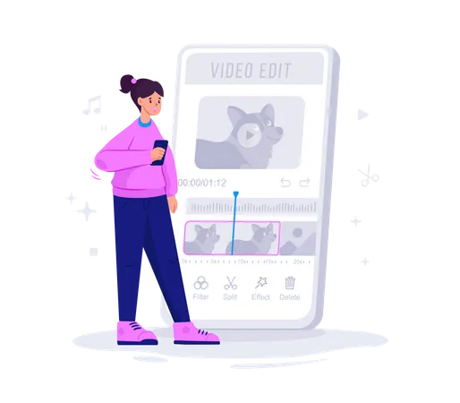 Fille éditant une vidéo dans une application mobile  Illustration