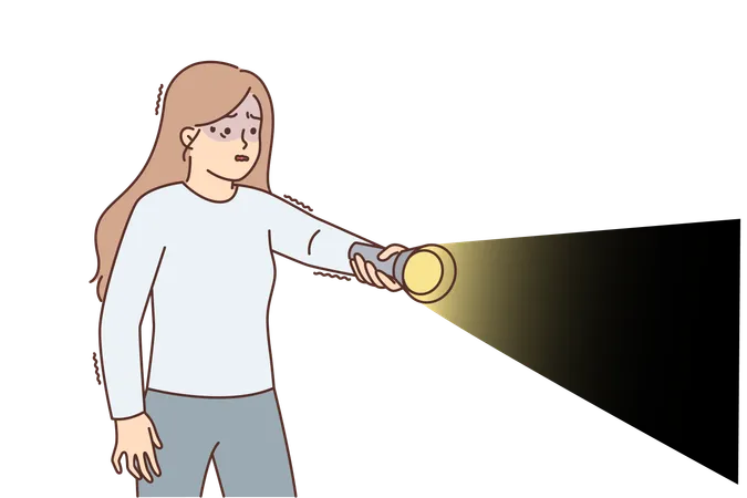 Une fille effrayée avec une lampe de poche marche dans l'obscurité  Illustration