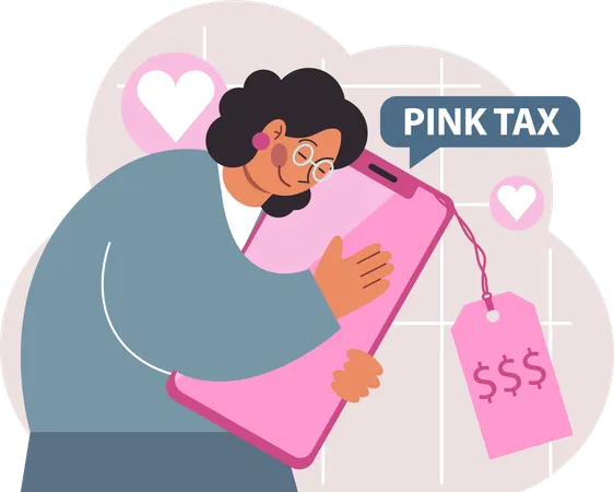 Fille embrassant son mobile tout en payant la taxe rose  Illustration