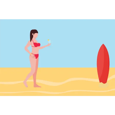 Une fille en bikini est sur la plage  Illustration