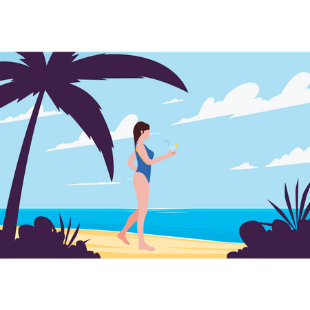 Une fille en bikini s'amuse sur la plage  Illustration