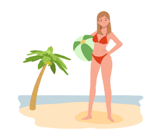 Fille en bikini tenant un ballon de plage sur la plage  Illustration