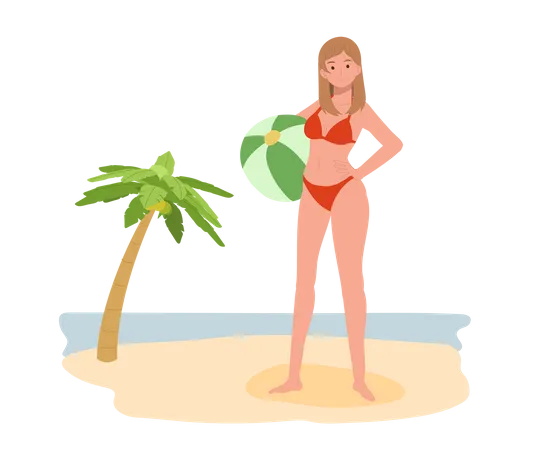 Fille en bikini tenant un ballon de plage sur la plage  Illustration