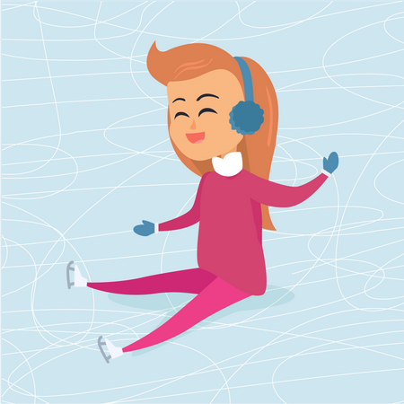 Fille dans un casque bleu est assise sur une patinoire  Illustration