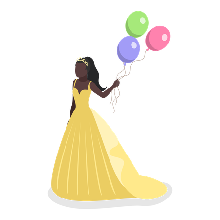 Fille en costume de princesse tenant des ballons  Illustration