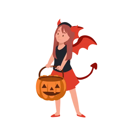 Fille en costumes d'Halloween en diable rouge  Illustration