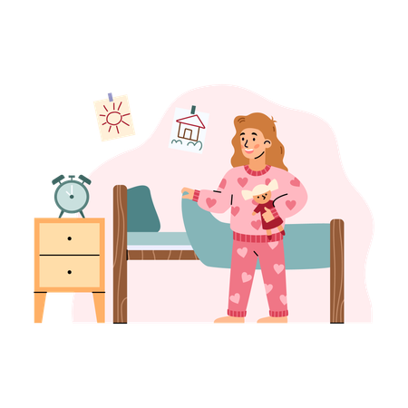 Fille en pyjama rose allant au lit  Illustration