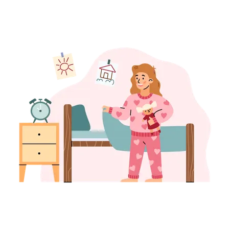 Fille en pyjama rose allant au lit  Illustration