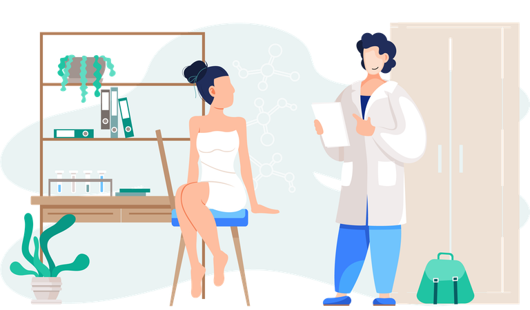 Fille en robe blanche ou en maillot de bain en consultation avec un médecin à l'hôpital  Illustration