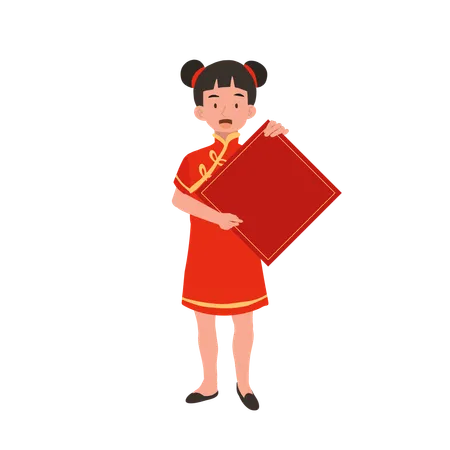 Fille en robe traditionnelle chinoise tenant du papier rouge  Illustration