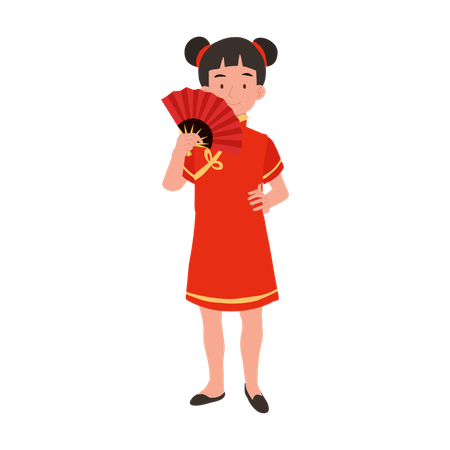 Fille en robe traditionnelle chinoise tenant un éventail rouge  Illustration