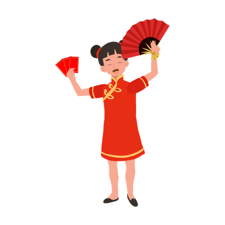 Fille en robe traditionnelle chinoise tenant un éventail rouge et une enveloppe rouge  Illustration