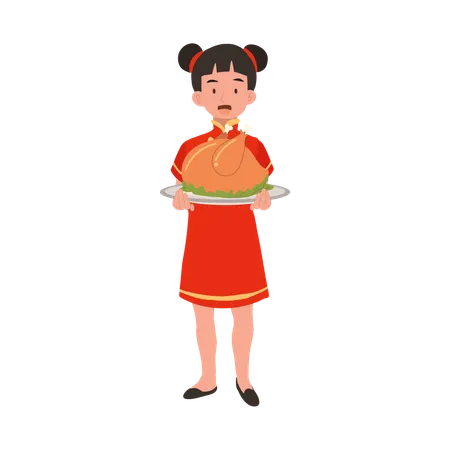 Fille en robe traditionnelle chinoise tenant une assiette de viande  Illustration