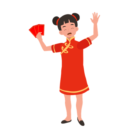 Fille en robe traditionnelle chinoise tenant une enveloppe rouge  Illustration