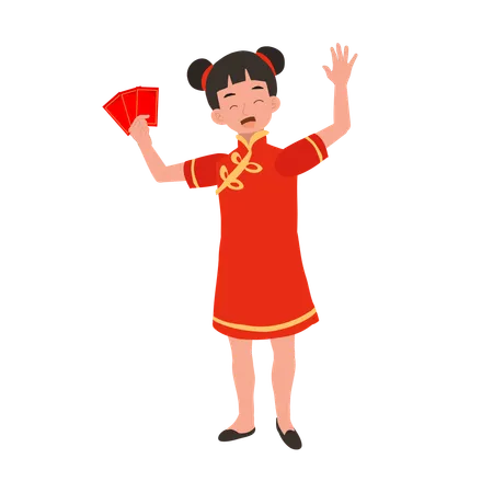 Fille en robe traditionnelle chinoise tenant une enveloppe rouge  Illustration