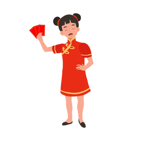 Fille en robe traditionnelle chinoise tenant une enveloppe rouge  Illustration