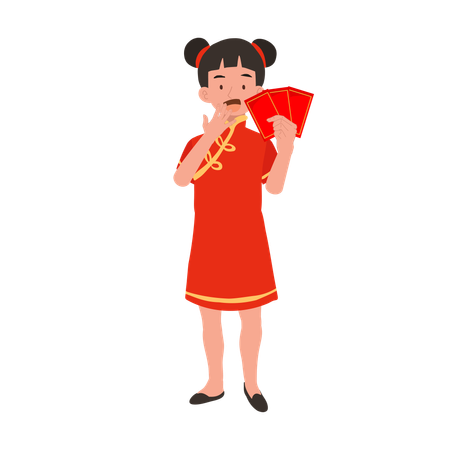 Fille en robe traditionnelle chinoise tenant une enveloppe rouge  Illustration