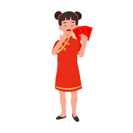 Fille en robe traditionnelle chinoise tenant une enveloppe rouge  Illustration