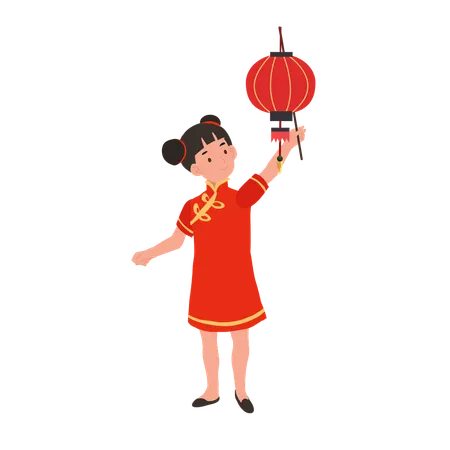 Fille en robe traditionnelle chinoise tenant une lanterne rouge  Illustration