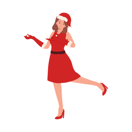 Fille en tenue de Père Noël et montrant quelque chose à gauche  Illustration