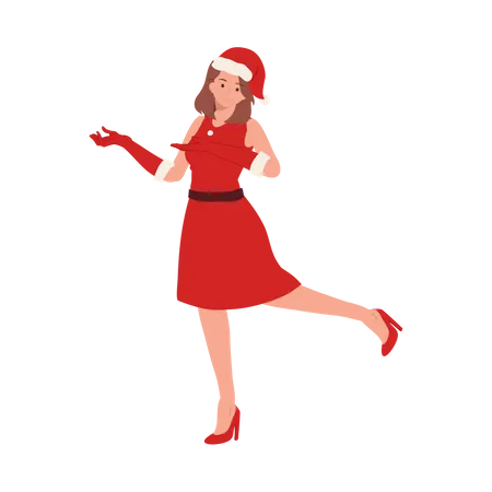 Fille en tenue de Père Noël et montrant quelque chose à gauche  Illustration