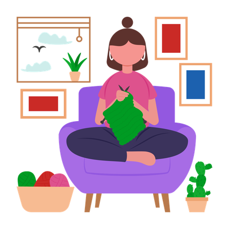 Fille en train de tricoter  Illustration