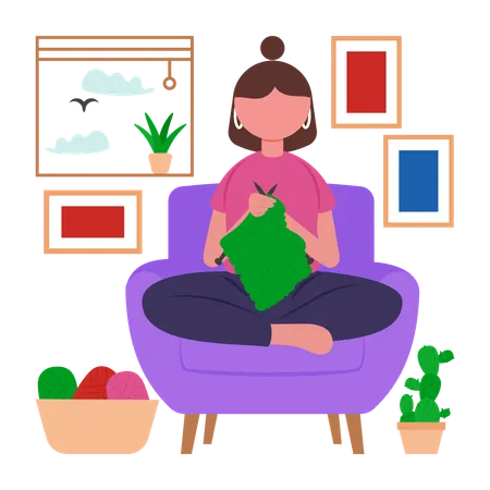 Fille en train de tricoter  Illustration