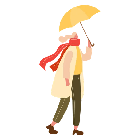 Fille en vêtements d'automne et tenant un parapluie  Illustration