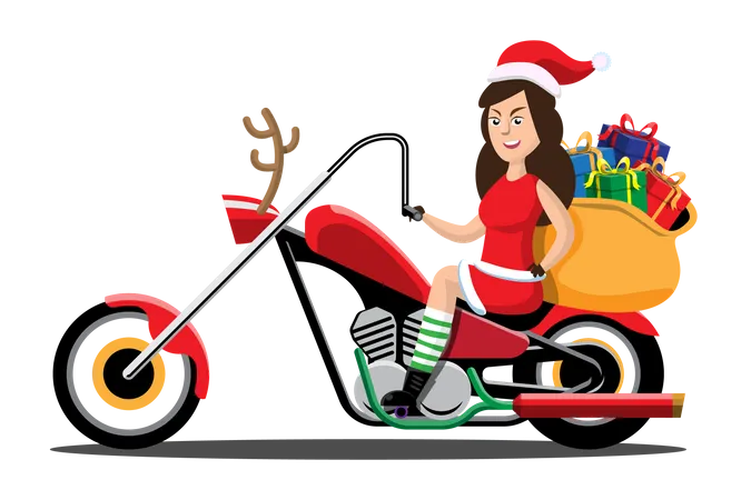 Fille en vêtements de Père Noël conduisant un vélo pour livrer des cadeaux de Noël  Illustration