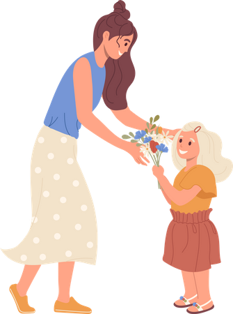 Petite fille donnant un bouquet de fleurs à sa mère aimante  Illustration