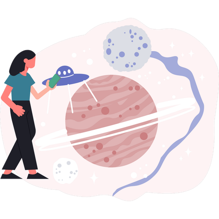 Une fillette observe le monde spatial à l'aide d'un télescope  Illustration