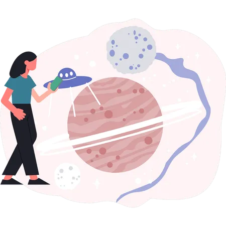 Une fillette observe le monde spatial à l'aide d'un télescope  Illustration