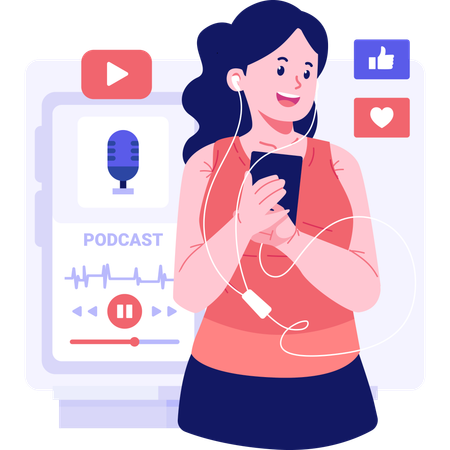 Fille enregistrant un podcast à l'aide d'un téléphone portable  Illustration